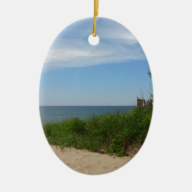 Private Beach on Lake Michigan Ceramic Tree Decoration (Front)