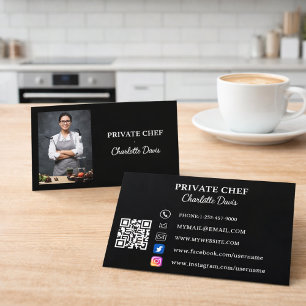 Private chef black white photo catering QR code Business Card
