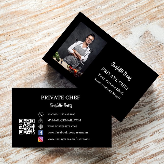 Private chef black white photo slogan QR code Business Card (Creator Uploaded)