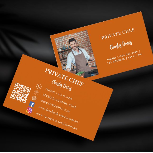 Private chef burnt orange photo catering QR code Business Card (Creator Uploaded)