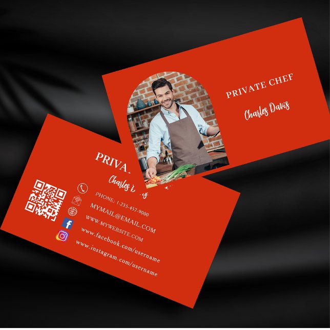 Private chef red photo arch QR code Business Card (Creator Uploaded)