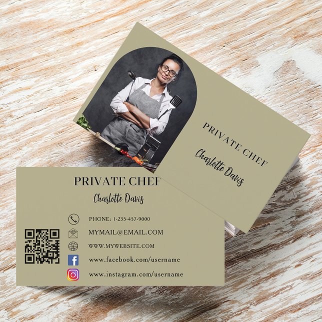 Private chef sage green photo arch QR code Business Card (Creator Uploaded)