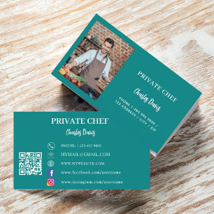 Private chef teal green photo catering QR code Business Card