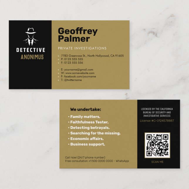 Private Investigations | Detective Professional Business Card (Front/Back)