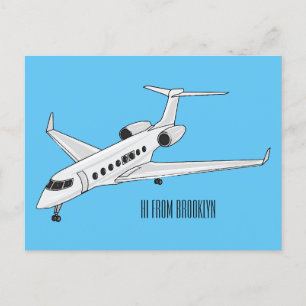 Private jet cartoon illustration postcard