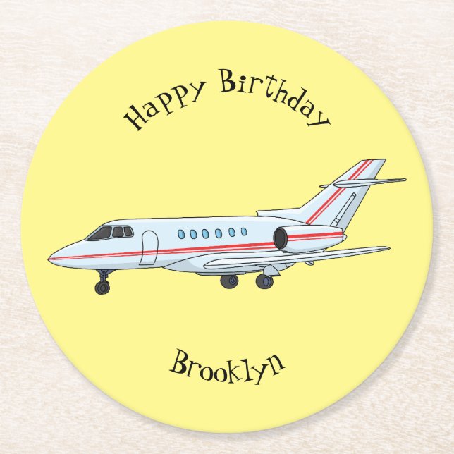 Private jet cartoon illustration round paper coaster (Front)