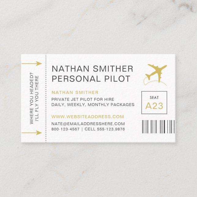 Private Jet Pilot Travel Planner Boarding Pass Business Card (Front)