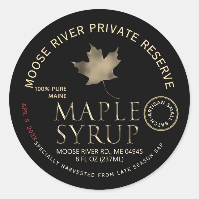 Private Reserve Maple Syrup Black with Gold Leaf  Classic Round Sticker (Front)