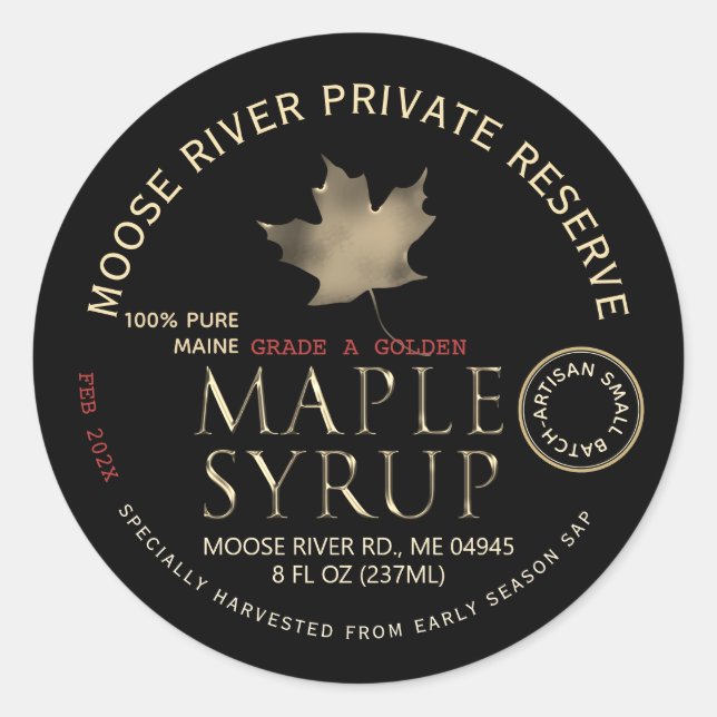 Private Reserve Maple Syrup Black with Gold Leaf   Classic Round Sticker (Front)