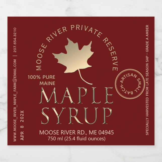 Private Reserve Maple Syrup Red Gold Maple Leaf Liquor Bottle Label (Single Label)