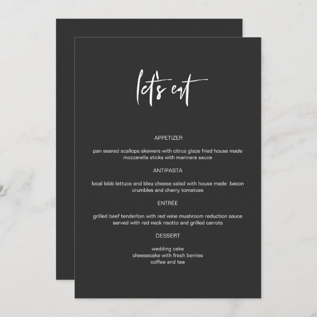 PRIYA Black Modern Edgy 5x7" Let's Eat Menu (Front/Back)