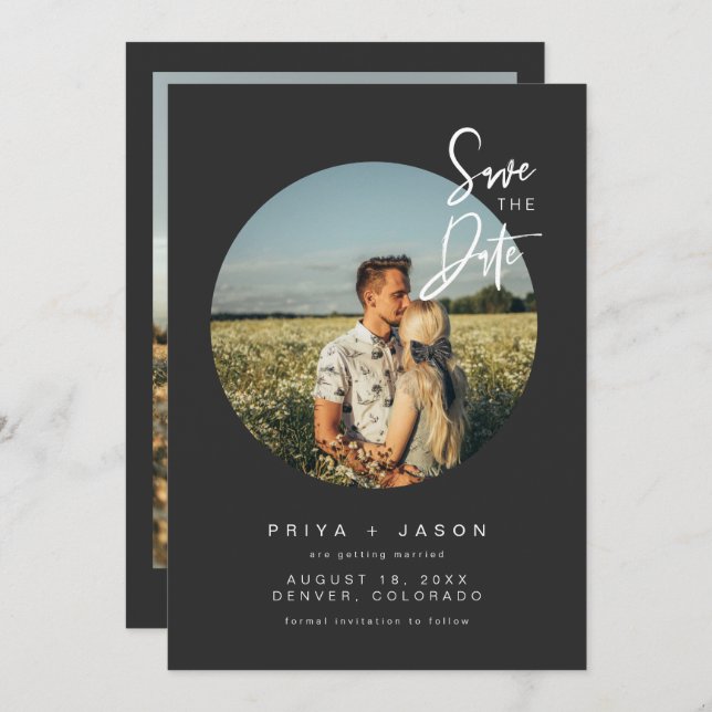 PRIYA Black Round Photo Save the Date Invitation (Front/Back)