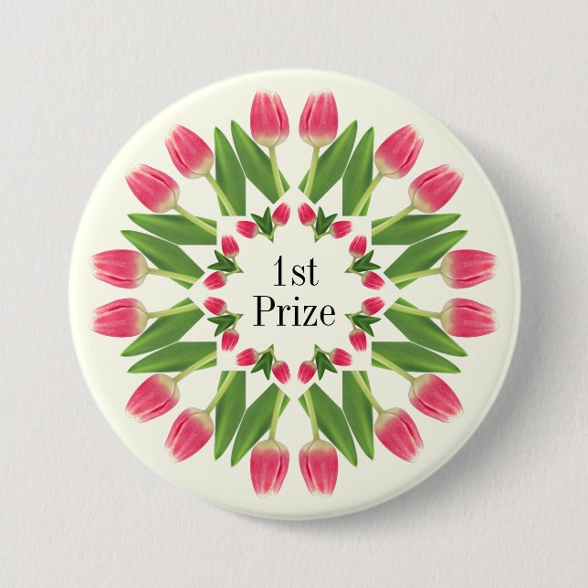 Prize, Birthday Etc Pink Tulip Button Pin (Front)