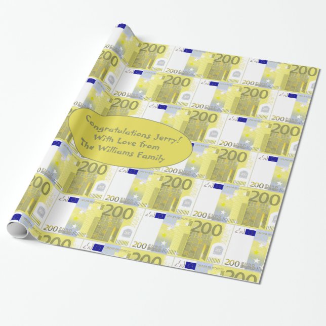 Prize Money 200 Euro Bank Notes Pattern Funny Wrapping Paper (Unrolled)