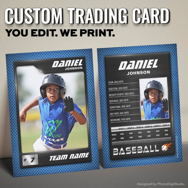 PRO Baseball Card with Stats Player Trading Card  (Custom Baseball Trading Card, Blue Black PRO Stats Player Card)