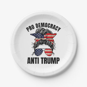 Pro Democracy - Anti Trump Messy Bun American Flag Paper Plate