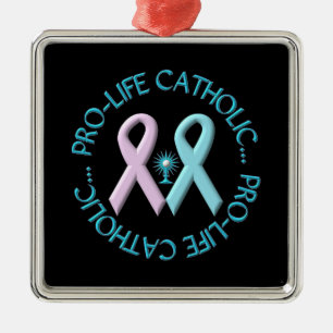 Pro-Life Catholic w/Monstrance & Pink/Blue Ribbons Metal Tree Decoration