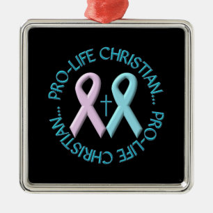 Pro-Life Christian w/Cross & Pink/Blue Ribbons Metal Ornament