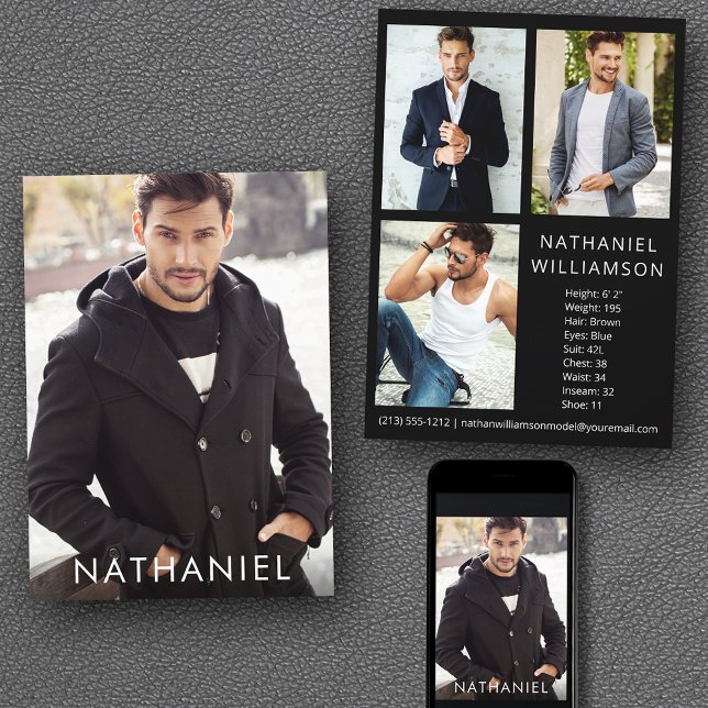 Pro Model Actor 4 Photo Modern Comp Card (Customize to change background color, text size or text style. Available for prints and download.)