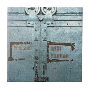 Proceed with caution blue grey industrial door ceramic tile