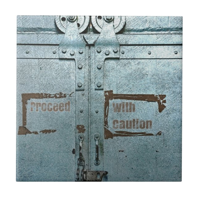 Proceed with caution blue grey industrial door ceramic tile (Front)