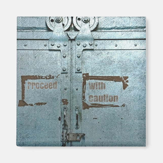 Proceed with caution blue grey industrial door magnet (Front)