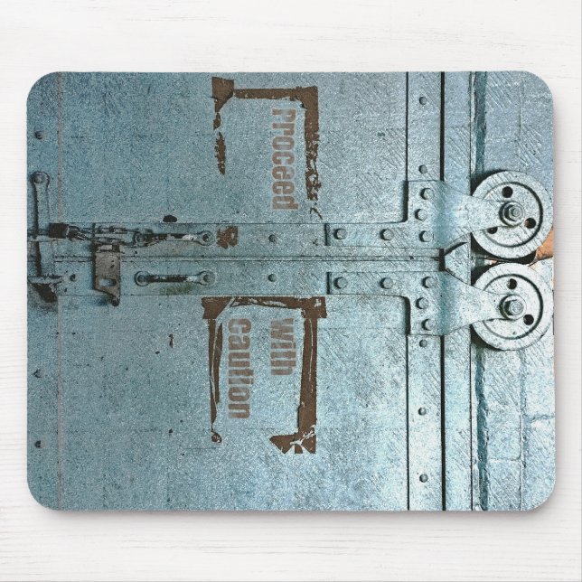 Proceed with caution blue grey industrial door mouse pad (Front)