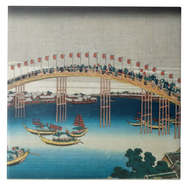Procession over a Bridge (colour woodblock print) Tile (Front)
