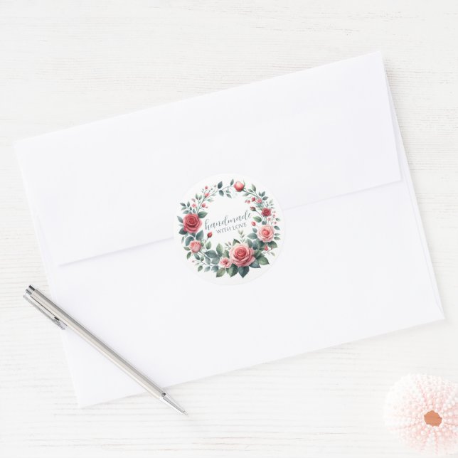 Product Label Sticker round Roses Wreath Handmade (Envelope)