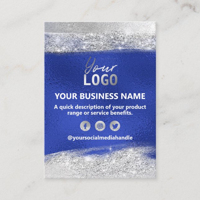 Product Price Ingredients List In Silver And Blue Business Card (Front)