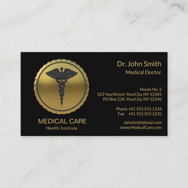Professional 3D Gold Caduceus Emblem Medical Business Card (Front)