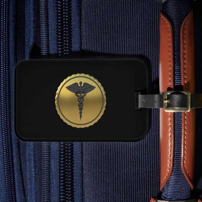 Professional 3D Gold Caduceus Emblem Medical Luggage Tag (Front Insitu 4)