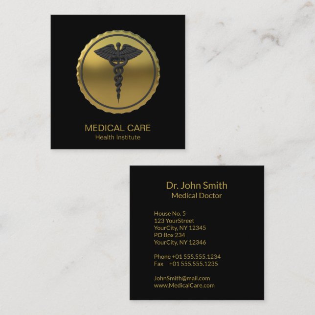 Professional 3D Gold Medical Caduceus Emblem Square Business Card (Front/Back)