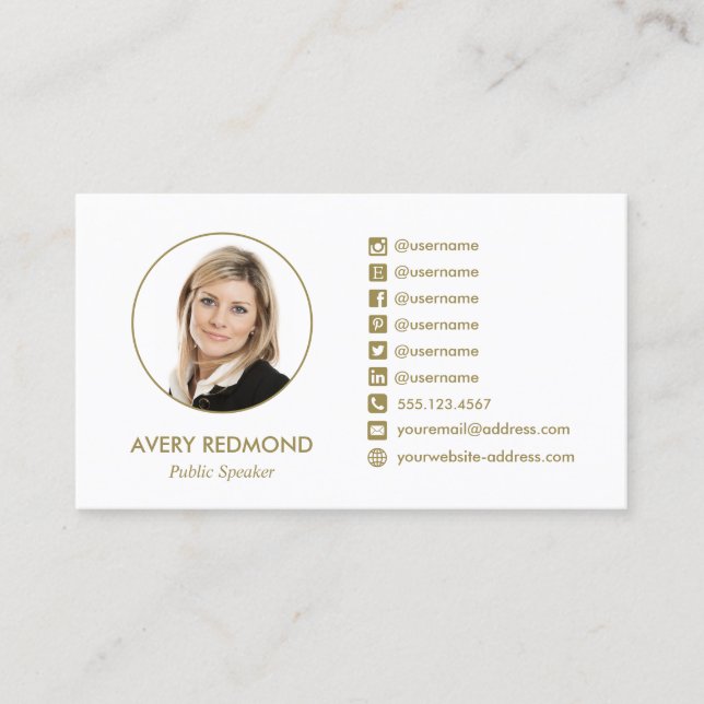 Professional Add Photo Gold Social Media Icons Business Card (Front)