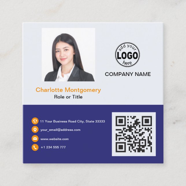 Professional add your Logo QR Code Photo Custom Sq Square Business Card (Front)