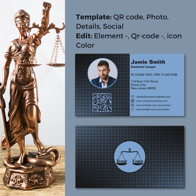 Professional Attorney Lawyer Blue Business Cards (Blue Lawyer Business Card, your logo, profile photo, QR-code, physical & virtual details)
