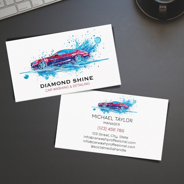Professional Automotive Car Washing Auto Detailing Business Card (modern red sports car washing logo)