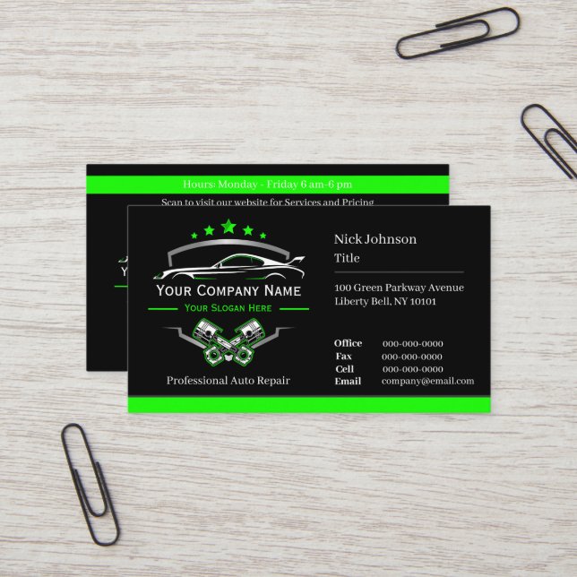 Professional Automotive Repair, Auto Mechanic Business Card (Front/Back In Situ)