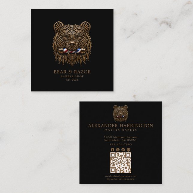 Professional Barber Shop Bronze Bear Qr Code Square Business Card (Front/Back)