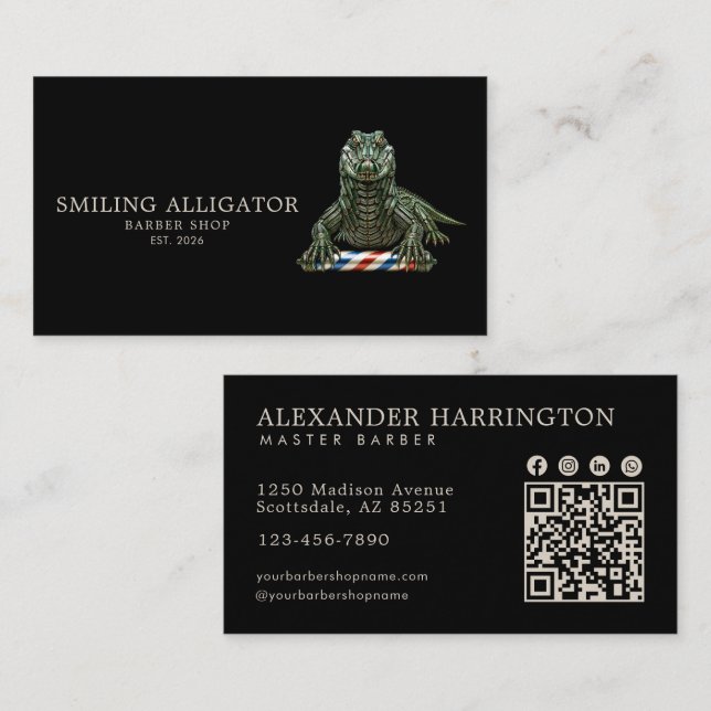 Professional Barber Shop Emerald Alligator Qr Code Business Card (Front/Back)