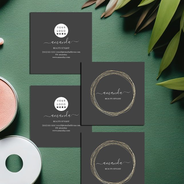 Professional Beauty Makeup Logo Golden Frame Grey  Square Business Card (Professional Beauty Makeup Logo Golden Frame Gray Square Business Card)