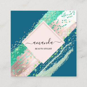 Professional Beauty Makeup Logo Rose Teal Strokes Square Business Card