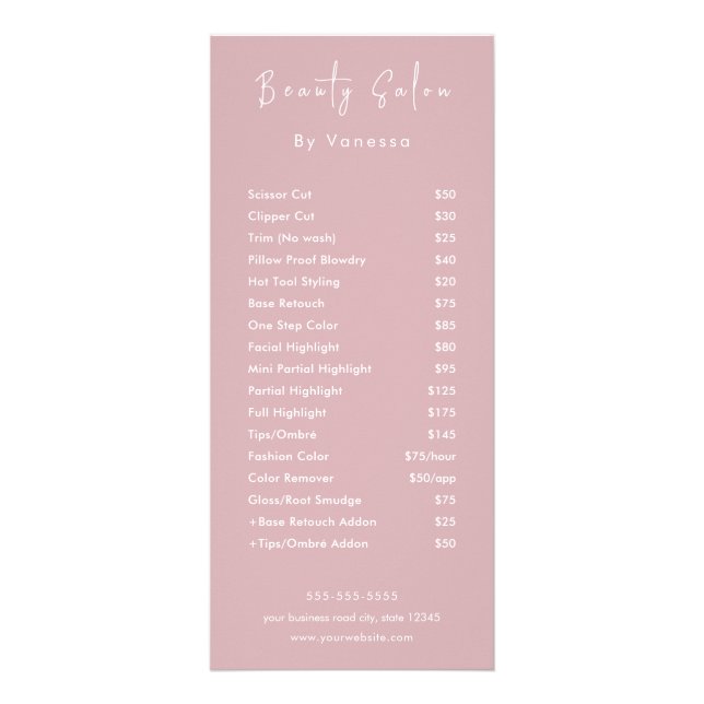 Professional Beauty Salon Price List Services Rack Card (Front)