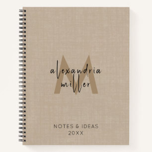 Professional Beige Linen Monogram Script Notebook