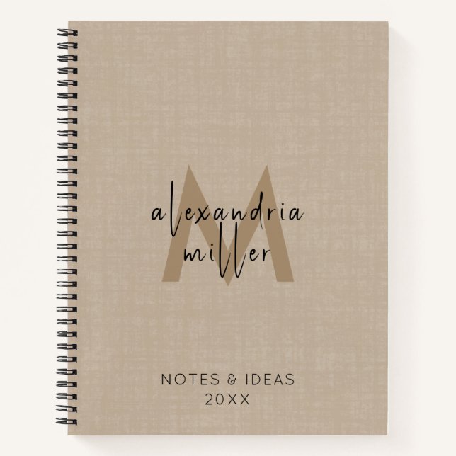 Professional Beige Linen Monogram Script Notebook (Front)