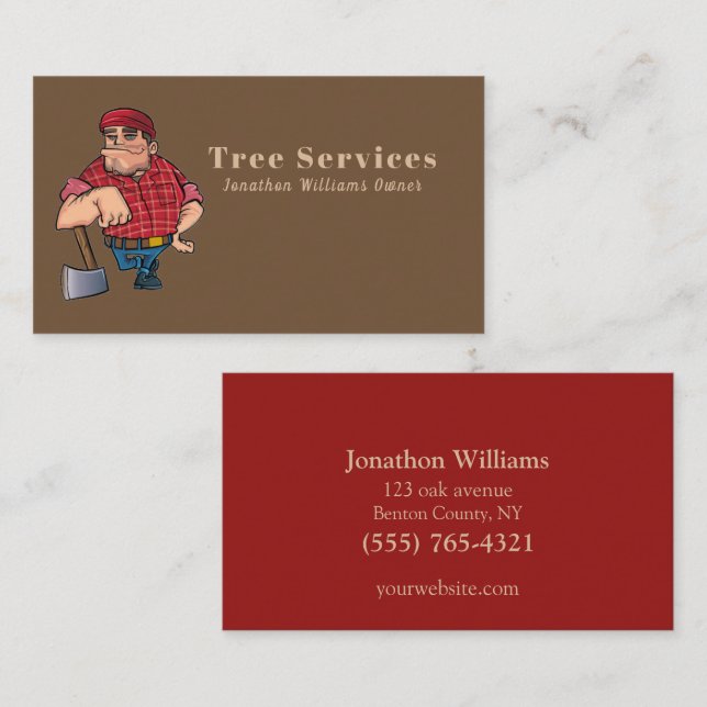 Professional Beige & Red Tree Service Guy Business Card (Front/Back)