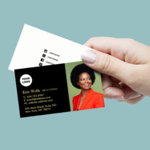 Professional Black Add Photo Logo Social Media Business Card