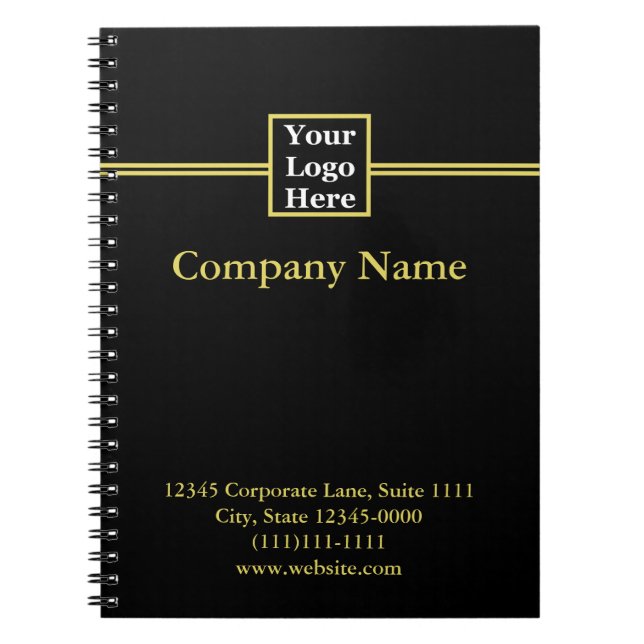 Professional Black and Faux Gold Your Logo Here Notebook (Front)