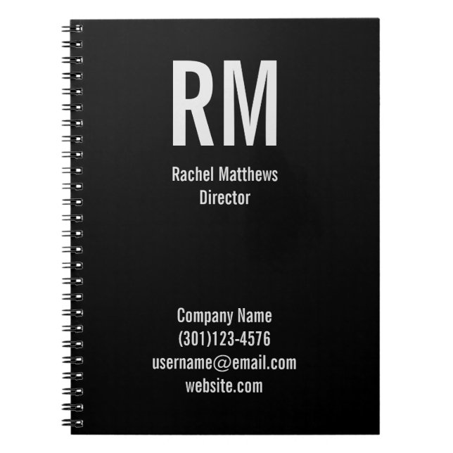 Professional Black and Grey Name and Monogram Notebook (Front)