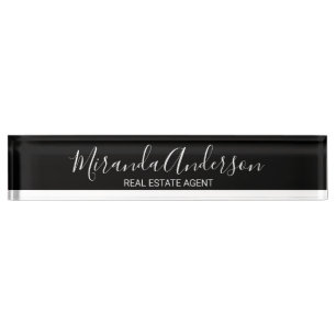 Professional Black and White with Script Name Des Nameplate